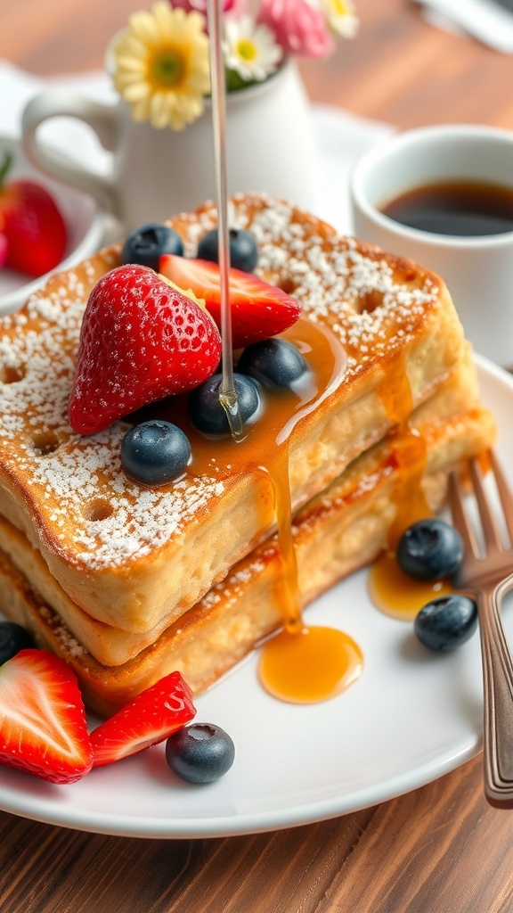 Golden brown French toast topped with powdered sugar and fresh berries, served with maple syrup.